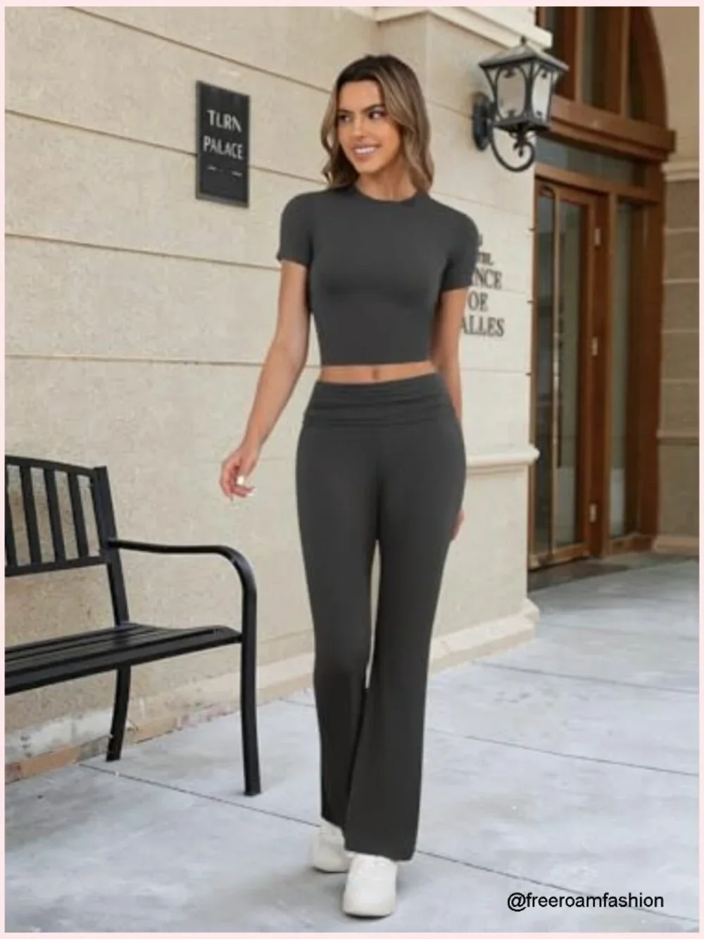 Two Piece Lounge Set - Crop Top & Flare Pants Travel Outfit - Picture 6 of 7